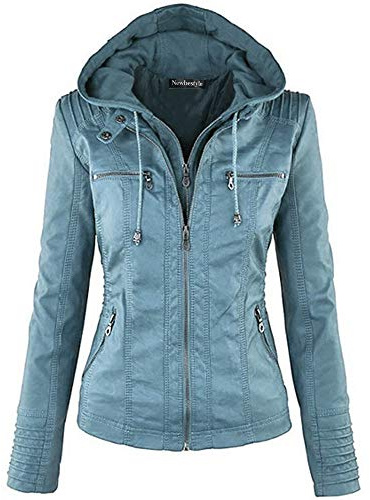 Newbestyle Kunstlederjacke für Damen, Motorradjacke, Bikerjacke, durchgehender Reißverschluss, plissiert, lässiger Mantel, warme Oberteile, blau (1), 36