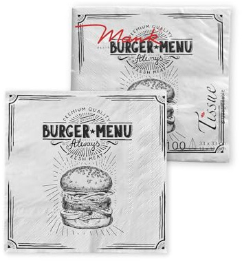 Mank Tissue Servietten 33x33 cm BBQ Premium Einweg Serviette saugstark perfekt für Grillparty & Burger Party 100 Stück Burger Menu in schwarz