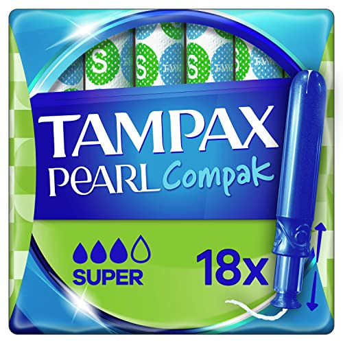 Tampax Compak Pearl, Super, 18 Tampons Avec Applicateur, Flux Moyens à Abondants, Triple Confort avec Applicateur doux, MotionFit, Voile Douceur, Certifié Oeko-Tex