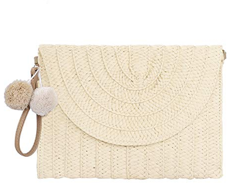 ISIYINER Damen Clutches Abendtasche Umhängetasche, Frauen Stroh Handtasche Kupplung Geldbörse Umschlag Tasche Flache Korbtasche Sommer Strandtasche mit abnehmbarer Schulterriemen, Boho-Stil