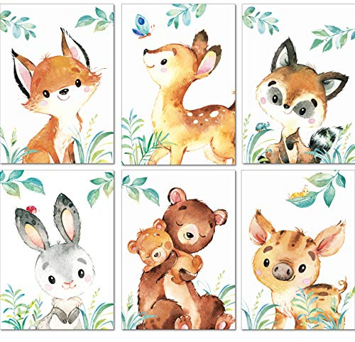 LALELU-Prints Bilder Kinderzimmer Poster Babyzimmer Deko Mädchen Jungen Kinderbilder Set Kinderzimmerbilder (Waldtiere A3 6er Set)