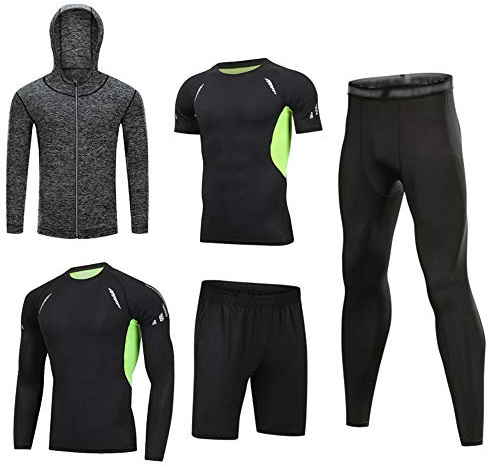 HZQIFEI Män 5 st sport gym fitness set träningsoveraller huvtröjor jackor + långärmad + kortärmad baslager t-shirts + lösa passande shorts + kompressionsbyxor, Stil # 2, XL