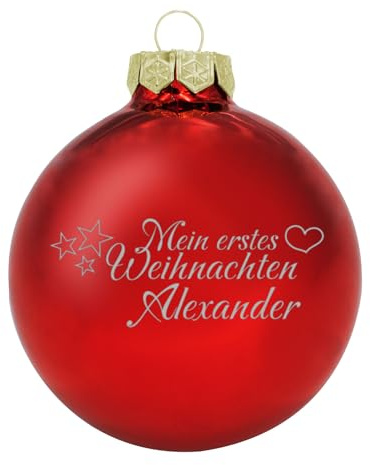 Deitert Weihnachtskugel mit Wunschtext Gravur, Ø 8cm, personalisierte Christbaumkugel aus Glas (glänzend), Individueller Weihnachtsbaumschmuck Namen oder Spruch, Mein erstes Weihnachten, rot