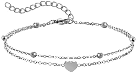 AFSTALR Fußkette Damen - Edelstahl Herz Layered Anhängern Silber Doppel-Fußkettchen - Verstellbare Fußschmuck Coin Fußkette