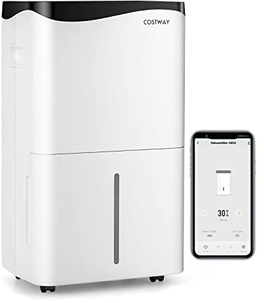 COSTWAY 50 l/dag byggtork, 4 lägen, smart avfuktare med 24 timmars timer och fläkt och viloläge, 5 l vattentank och dräneringsslang, LED-nivå, rumsstorlek ca 250 m³ (100 m²)