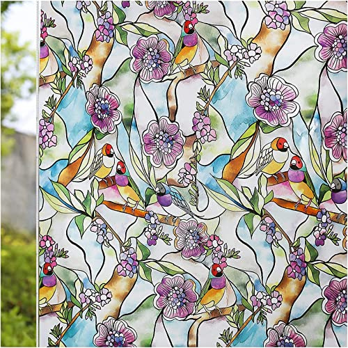 CottonColors Window Film Privacy Stained Glass Window Static Clings Vinyl Non-Adhesive Flower Parrot Decorative Window Coverings for Home Bathroom, 44.5x200CM