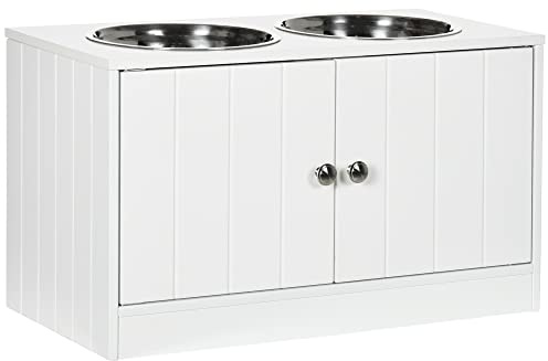 PawHut Raised Dog Bowls for Large Dogs Pet Feeding Station, White | Stand, Storage, Two Stainless Steel Bowls