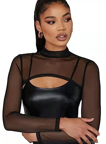 SamHeng Top Corto in Rete per Donna, Top Corto a Maniche Lunghe con Collo a Lupetto Nero Coprente, Top in Maglia Sexy Trasparente con Vestibilità Sottile per Nuoto Beach Club Wear Yoga Sport