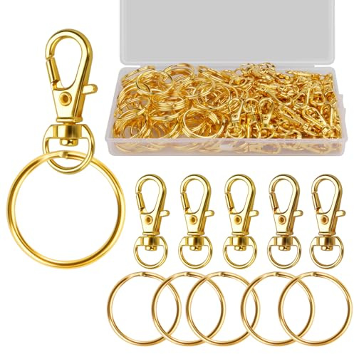 Chmejia 100 Pièces Porte-clés Mousqueton Crochets Petit Porte-clés Mousqueton Pivotant en Acier Inoxydable avec Boîte en Plastique Fabrication de Porte-clés Artisanat (Doré)