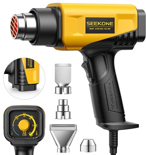 SEEKONE 1800W Heat Gun Compact Design Heavy Duty Hot Air Gun 122℉-1202℉（50℃- 650℃）Variable Temperature Control for 2 Speed Settings with 4 Nozzels for Crafts, Vinyl Wrap, Shrink Tubing