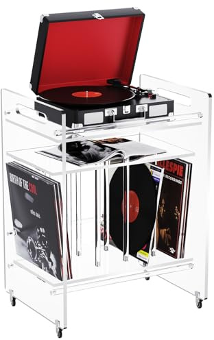 Mesa auxiliar de acrílico, estantería de almacenamiento de revistas de vinilo con mesa auxiliar de 3 niveles con ruedas (transparente) (transparente grande)