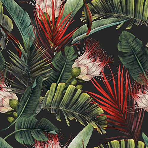 CRE8TIVE Tapete Blumen Palmenblatt 61 x 900cm Schwarze Rot Fototapete Blumen Selbstklebende Tapete Tropische Tapete Vintage Fototapete Wohnzimmer Schlafzimmer Tapete Badezimmer Wasserfest Schrankfolie