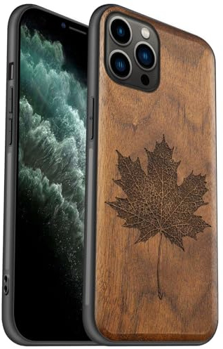 Carveit Coque en Bois pour iPhone 11 Pro Étui Protection Artistique Cover TPU Souple de téléphone Antichoc Compatible avec Apple 11 Pro Etui (Noyer-Croquis de Feuille d'érable Complexe)