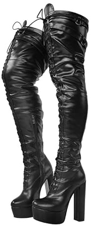 blingqueen Damen Overknee Plateau Stiefel Blockabsatz Schnürstiefel mit Reißverschluss