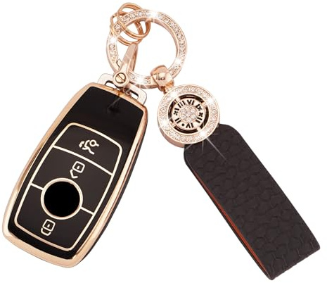 Autoschlüssel Hülle für Benz Zubehör 3 Tasten TPU Schlüsselhülle | für Benz A B C E G S SL CLS-Klasse AMG Auto Schlüsselcover Schlüssel Hülle mit Schlüsselanhänger Schwarz Gold
