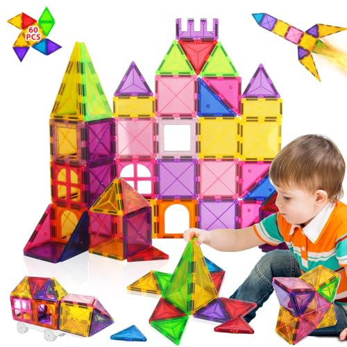 M MUNCASO 60pcs Tiles 3D Building Blocks STEM Toy Set 3+ Years Old Educational Construction Magnet Toys for Kids