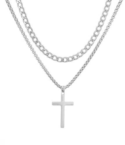 AFSTALR Kreuz Kette Herren Kreuzkette Edelstahl Layered Kreuz Kette Kubanische Kette mit Kreuz Kastenkette Halskette, Kreuz Schmuck Geschenke Gold/Silber/Schwarz für Männer 18/20/22/24 Zoll