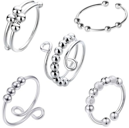 SNONESIY 5 Stück Anti Stress Ring,Fidget Ring,Anxiety Ring,Offenverstellbar Stress Ring Unisex Antistress Ring,mit Kugeln Stress Ringe Zum Drehen Geschenke für Freunde und Familie