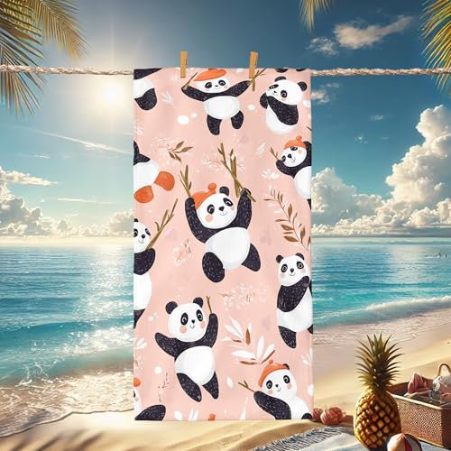 Cute Panda Pattern Microfiber Beach Towel Peach Playful Bamboo Animals Bath Towel, Quick Dry Lightweight Absorbent Sand Free for Summer Beach Pool Picnic Travel Gym Essentials 70x35 Inch