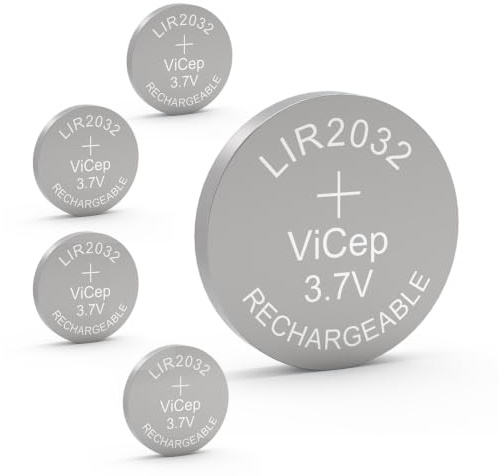 ViCep Lot de 5 Piles LIR2032 2032 Rechargeables 3,7V | Piles LIR2032 2032 rechargeables 3,7V lithium-ion bouton haute capacité 70 mAh