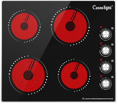 Cusinesync 24 Inch Electric Cooktop, 4 Burner Ceramic Stove with 9 Power Levels, Knob Control, Auto shutdown and Residual Heat Warning, 6000W, 220-240V for Hard Wire