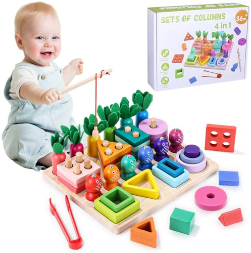 Syvory Montessori Spielzeug ab 1 Jahr, angelspiel, Holz Sortier & Stapelspielzeug, Magnetic Fishing Game ab 1 2 3 4 Jahre, 4 in 1 Farbe Erkennung Form Sorter Angelspiel, Geschenk 1 Geburtstag Junge