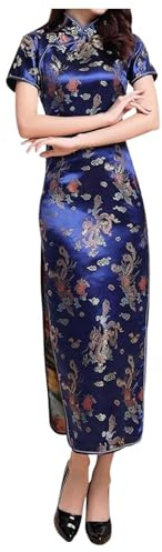 Chino Cheongsam Vestido Bordado Manga Corta Largo Largo Damas Tradicional Qipao, azul oscuro, S