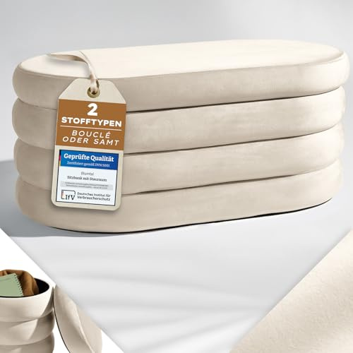 Blumtal Sitzbank mit Stauraum XL oval, Samt-Bezug - robuste Polsterbank mit Stauraum Samtoptik extra weich 110 x 45 x 42.5 cm - Polsterbank mit Stauraum - wunderschöner Samt-Look - Ottoman Creme