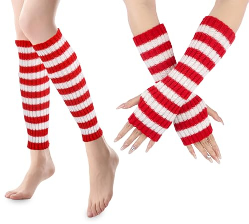 Karneval Rot Weiss Stulpen Gestreift Handschuhe Elastische Rot Weiss Handschuhe Karneval Stulpen Damen für Faschingskostüme Damen Zubehör