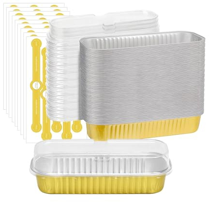 Hniuyun Mini Loaf Tins with Lids, 50 Pack 200ml Foil Baking Pans | Rectangle, aluminium, clear lid, stickers, mini cake tins, brownie baking cups for wedding party, gold
