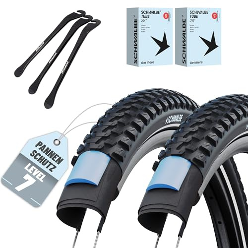 2er Set Schwalbe Fahrradreifen Marathon Plus MTB 29 oder 27,5 Zoll (ETRTO 54-584,57-584,57-622) wählbar mit AV DV SV SCV Schlauch + 3 Metall Reifenheber