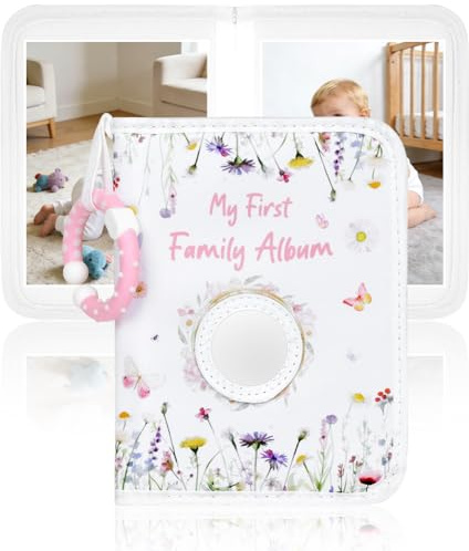 Ainiv Baby Photo Album Holds 17 6.5 x 4.5 in Pictures, My First Year Family Photo Book with Hook, Soft Cloth Album, Kid Memory Keepsake Gift for Newborns Toddlers Babies Shower, White Flower