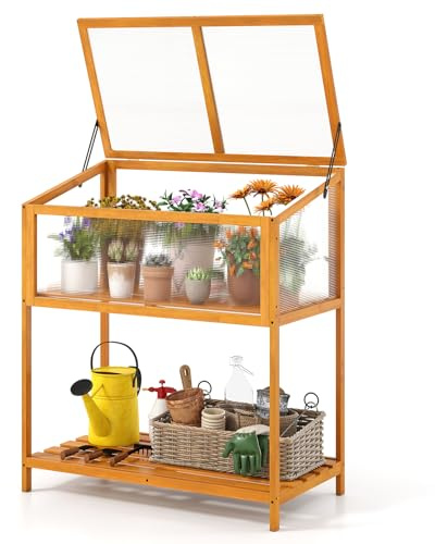 GOPLUS Serre de Jardin en Bois de Sapin à 2 Niveaux, 90 x 50 x 105 CM, Carré Potager de Jardin avec Toit Transparant avec Étagère de Rangement Ouvrant à Lattes pour Outils, pour Jardin, Balcon