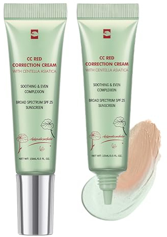 2Pcs CC Red Correct with Centella Asiatica, Colour Correcting Foundation with SPF 25, Lightweight Balance Skin Tone And Reduce Redness, Covering Corrector Invisible Pores Face Concealer