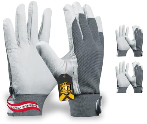 G4P Comfort Pro - Arbeitshandschuhe aus Ziegenleder, 2 Paar Gartenhandschuhe mit Stretch-Spandex & Klettverschluss, Montage & Handwerk, Gr. L (Gr. 9), Farbe: Weiß/Grau