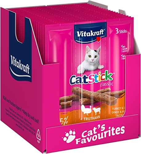 Vitakraft Cat Stick Classic, kattmellanmål, köttiga minipinnar, med kalkon och lamm, i förvaringsstorlek, utan tillsats av socker och spannmål (20 x 3 stycken)