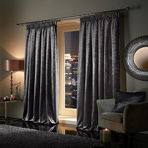 viceroy bedding Pair of Heavy Crushed Velvet Curtains PENCIL PLEAT TAPE TOP Fully Lined Curtains CHARCOAL Dark Grey Silver 46 Width x 72 Depth