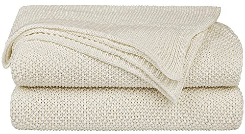 PiccoCasa 100% Cotton Knit Throw Blanket,Solid Lightweight Decorative Throws and Blankets,Soft Knitted Throw Blanket for Sofa Couch, Beige, 50 x 60