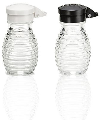 Moisture Proof Salt and Pepper Shakers, Black and White Lids Spring Loaded, No Clog, 2 Oz, Set of 2