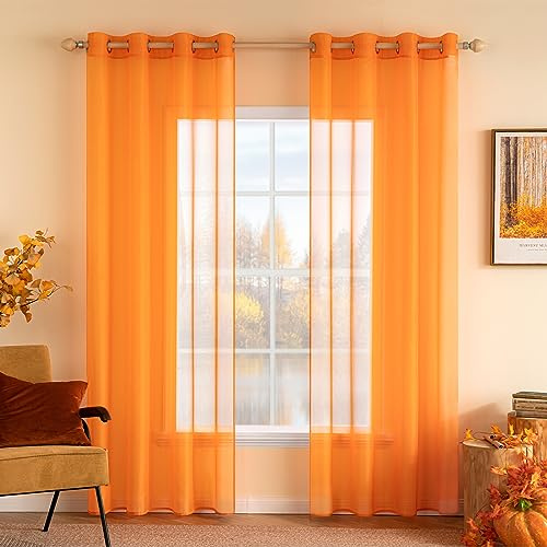 MIULEE Gardinen Voile Vorhänge mit Ösen 2er Orange 140x245cm | Transparente leichte Voile Vorhänge mit Metall Ösen, lichtdurchlässig, modern elegant für Wohn- und Schlafzimmer