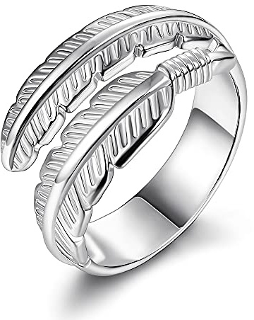 BESTEEL Anello in argento Sterling 925 per donne e ragazze matrimonio fidanzamento anello eternità piuma foglie anello angelo ali regolabile apertura argento senza pietra, Argento, senza pietra