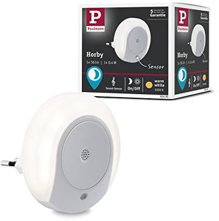Paulmann 92495 LED Stecker Nachtlicht Horby rund 0,4 Watt mit Dämmerungs- und Geräuschsensor Weiß Kunststoff 3000 K Warmweiß