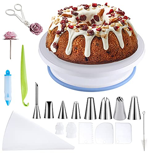 KeepingcooX Suministros de decoración de pasteles – Soporte giratorio con escala, kit profesional de decoración de cupcakes, juego de mangas pasteleras y puntas, raspadores de pasteles, herramienta de