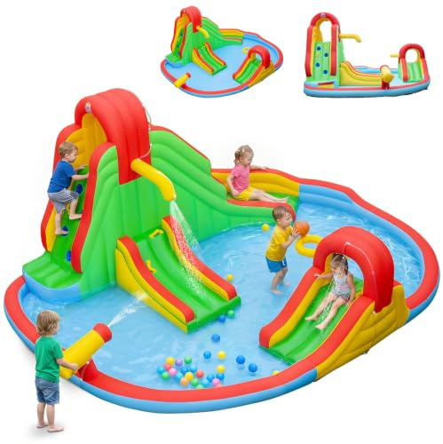COSTWAY Château Gonflable avec 3 Toboggans et Grande Piscine, Aire de Jeux Aquatique Gonflable avec Canon à Eau et Panier, Charge 90kg pour 3-12 Ans, sans Souffleur