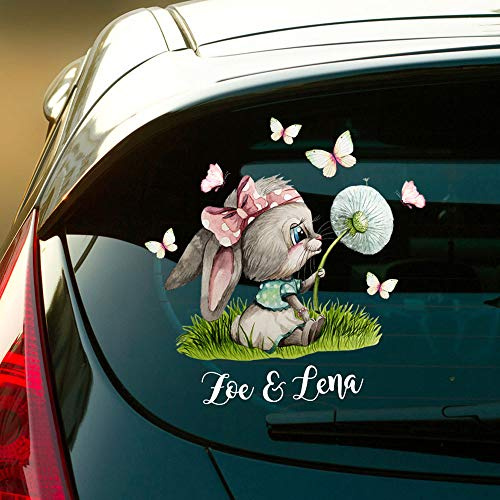 Autotattoo bunt Heckscheiben Hase Häschen Pusteblume Auto Schmetterlinge Aufkleber Namensaufkleber Kinder Mädchen 2 Namen Wunschnamen baa1 ilka parey wandtattoo-welt®