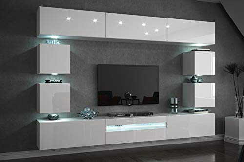 FURNITECH Hängend Wohnwand Modern - Wohnzimmer Schrankwand Mit Regale Und TV Schrank - Möbel Ohne LED (Future C81-HG-W2 1A - 257 cm)
