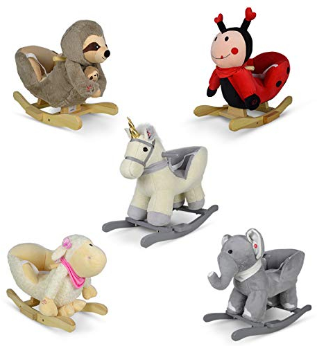 Infantastic® Schaukeltier - Plüsch, ab 1 Jahr, für Baby und Kind, Elefant/Einhorn/Faultier/Marienkäfer/Schaf, mit Gurt, Musik, Griff, Fußstütze - Schaukelstuhl, Schaukelspielzeug, Schaukelpferd