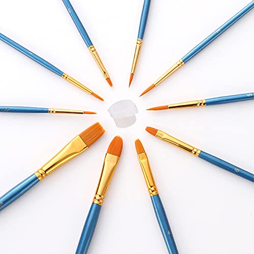 WYAN 10er Pinsel Set Nylon Haarpinsel für Aquarell, Acryl und Ölgemälde | Nylon, blau, 10 Größen, 2 Spitzenarten, mit 12 Farbpatronen à 3 ml, leicht zu reinigen, zum Malen und für Aquarellzeichnungen