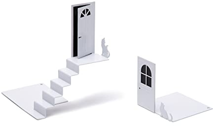 PELEG Design - Bookstairs Bookend Buchstützen | Buchhalter Regal Dekoration | Buchständer Katze | Buchstütze aus Metall | Buchstütze weiß | Geschenk an Weihnachten, Geburtstag, Valentinstag