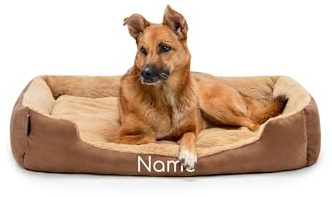 lionto Lit pour Chien avec Coussin réversible et Base antidérapante, Coussin Douillet pour Animaux avec entrée Basse pour Chiens et Chats de Tout âge, 90x70 cm, Beige/Marron (avec nom imprimé)